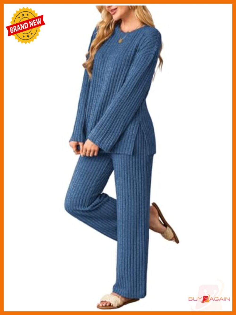 Kikibell Women's 2 Piece Lounge Set Knit Pajamas Long Sleeve Top Wide Leg Pants
